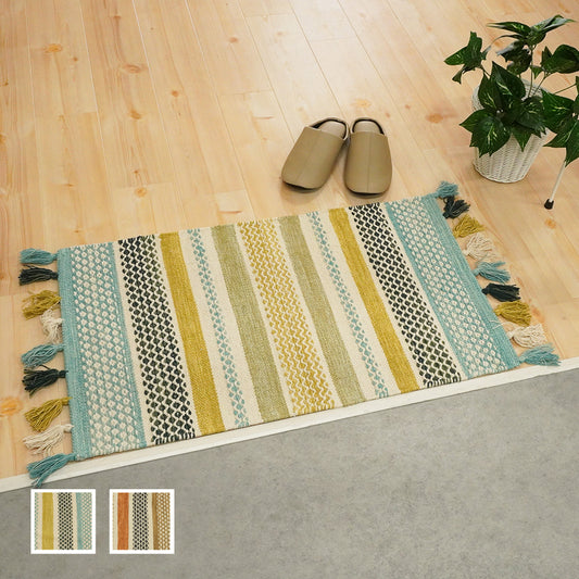 インド綿100% 洗濯機OK エスニック柄|クラフT588-1B 玄関マット(グリーン)玄関口