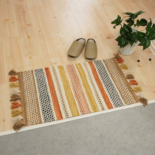 インド綿100% 洗濯機OK エスニック柄|クラフT588-1B 玄関マット(オレンジ)玄関口