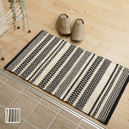 綿混ざっくり素材 手洗いOKのエスニックデザイン|クラフT073C 玄関マット(ブラック)全体