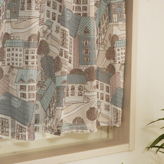 程よい透け感レ-スの北欧の街並み柄カフェカーテン ブルー