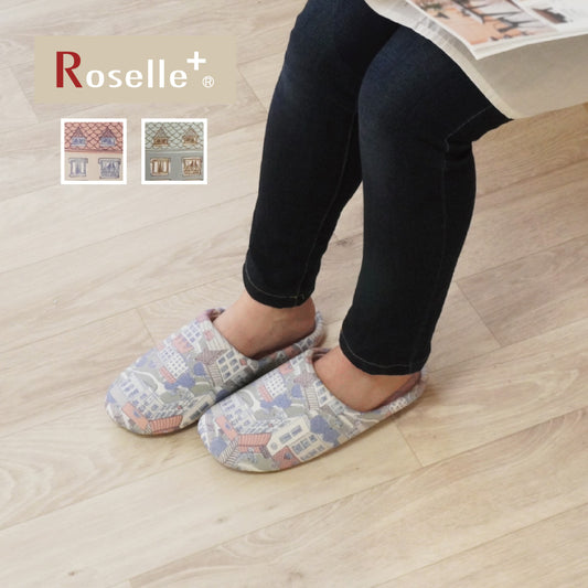 北欧の街並み柄クッション性やわらかい履き心地のスリッパ ピンク