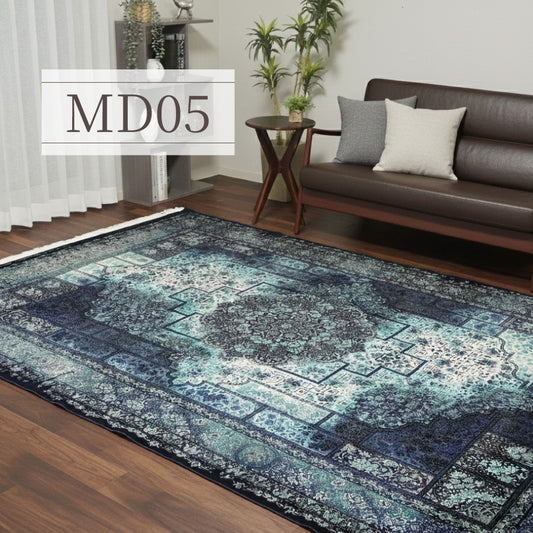 モダールレーヨンラグ 最高級密度450万ポイント(450万ノット)ブルーのクラシックな色合いの高級ペルシャ絨毯