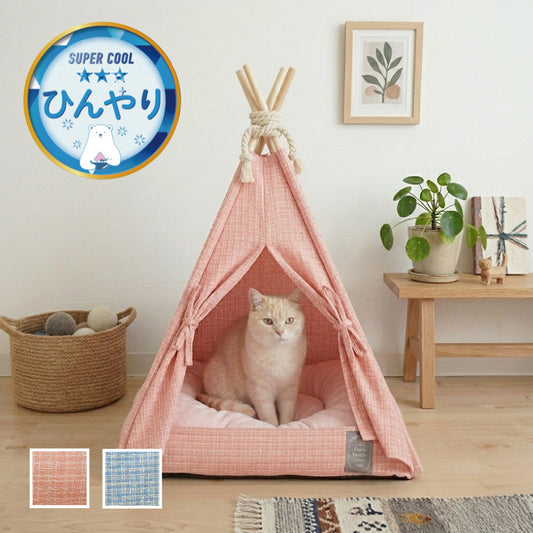 冷感素材 可愛らしいチェック柄の快適に過ごせるテント型ペットベッド|SRチェキ ティピー|ピンク使用例