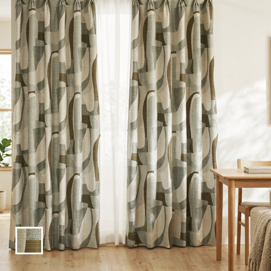 アースカラーでまとめた幾何学柄ナチュラルモダンカーテン グリーン