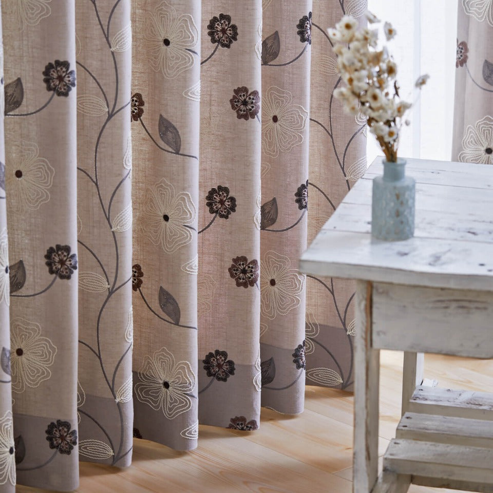 オーダー｜麻混インド刺繍 ナチュラルリーフ柄カーテン｜エヴァ