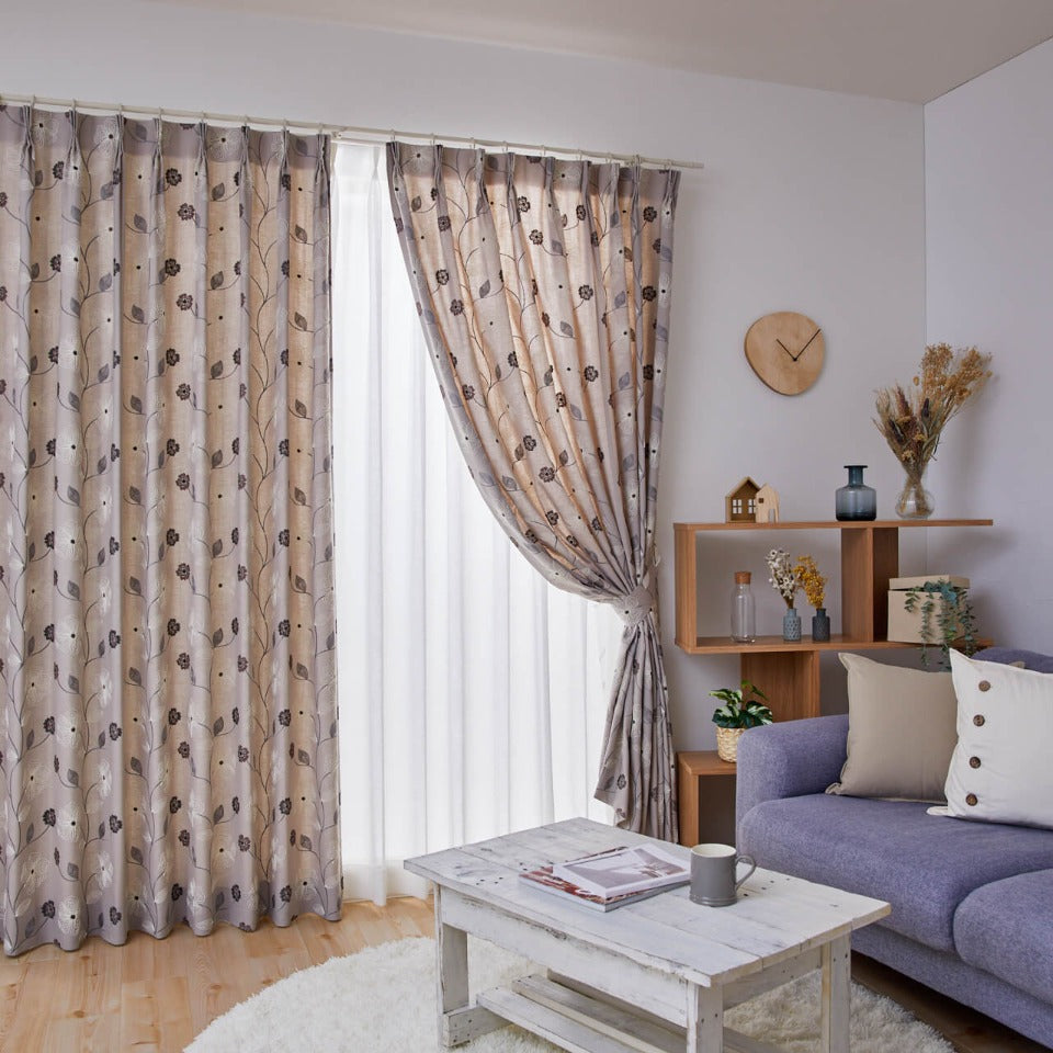 オーダー｜麻混インド刺繍 ナチュラルリーフ柄カーテン｜エヴァ