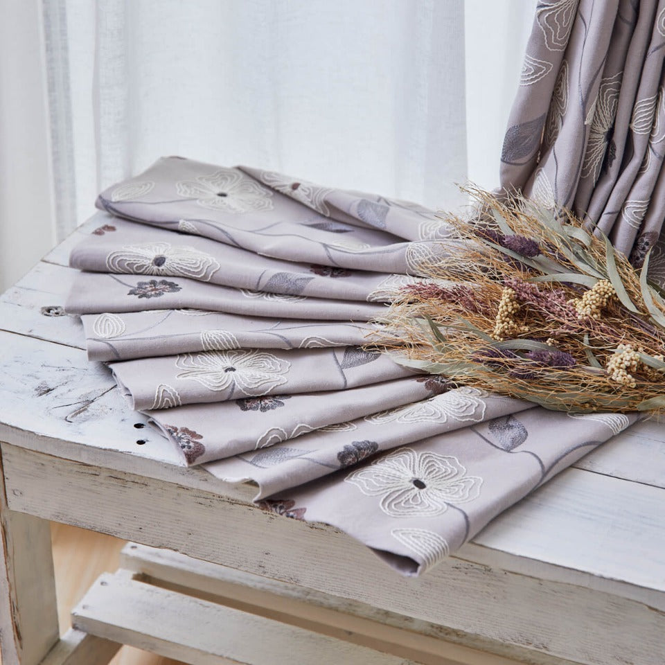 オーダー｜麻混インド刺繍 ナチュラルリーフ柄カーテン｜エヴァ