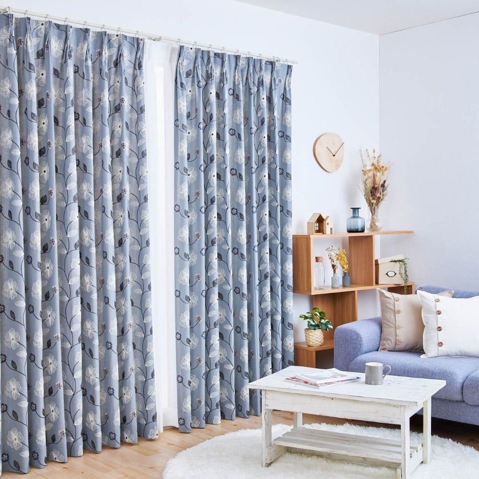 オーダー｜麻混インド刺繍 ナチュラルリーフ柄カーテン｜エヴァ