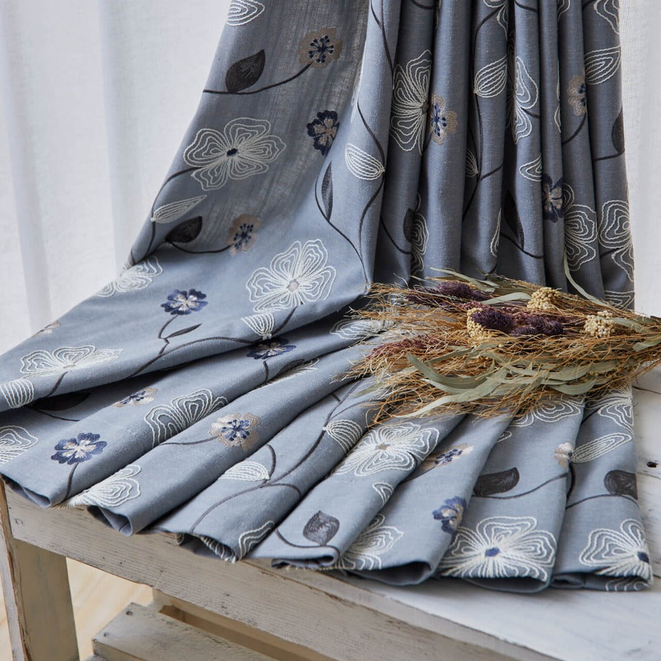 オーダー｜麻混インド刺繍 ナチュラルリーフ柄カーテン｜エヴァ