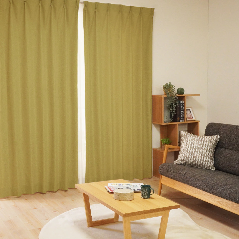 天然素材ライクなナチュラルカーテン グリーン 馴染みやすい黄みっぽいくすみカラー
