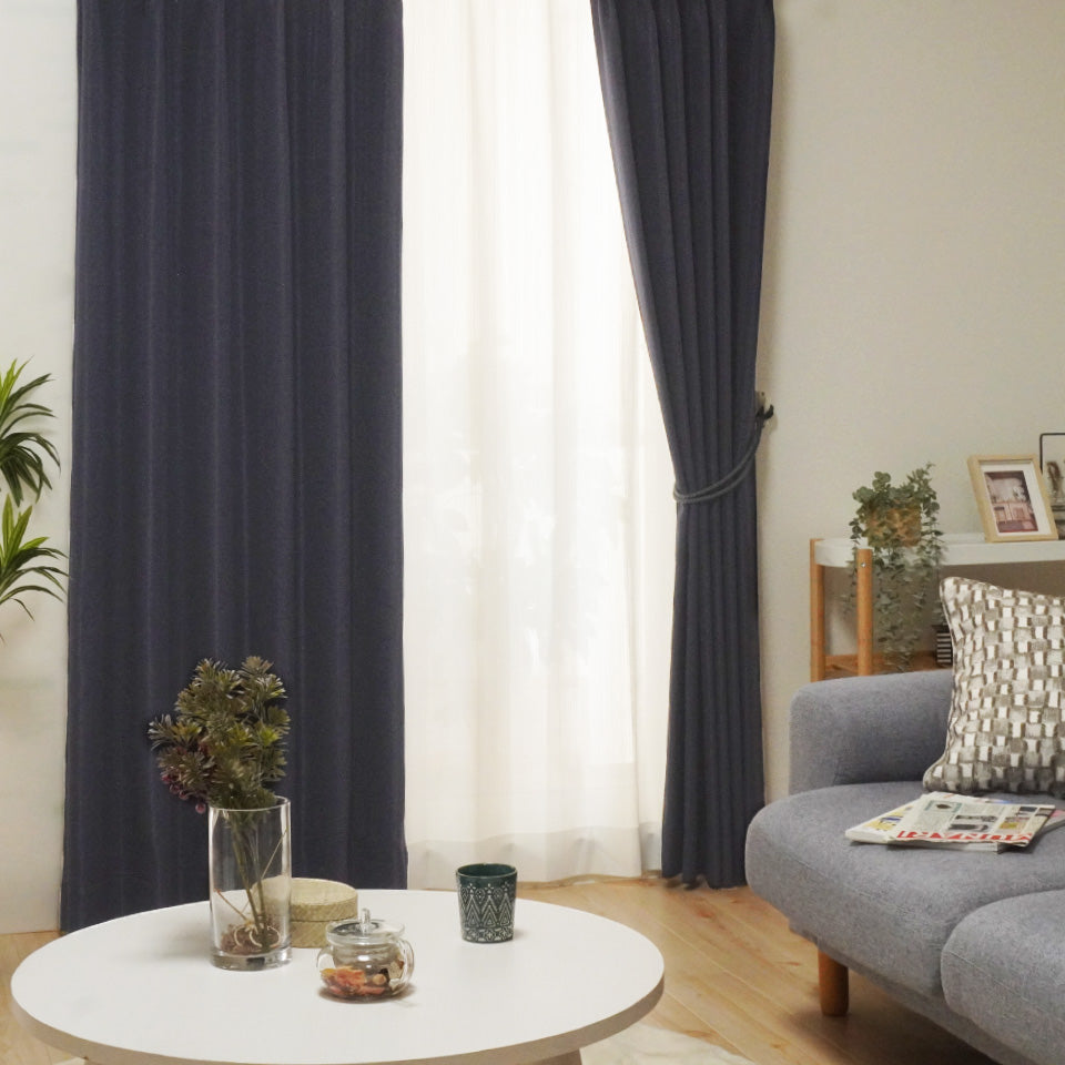 ラメ入りストライプ模様モダンカーテン ネイビー 