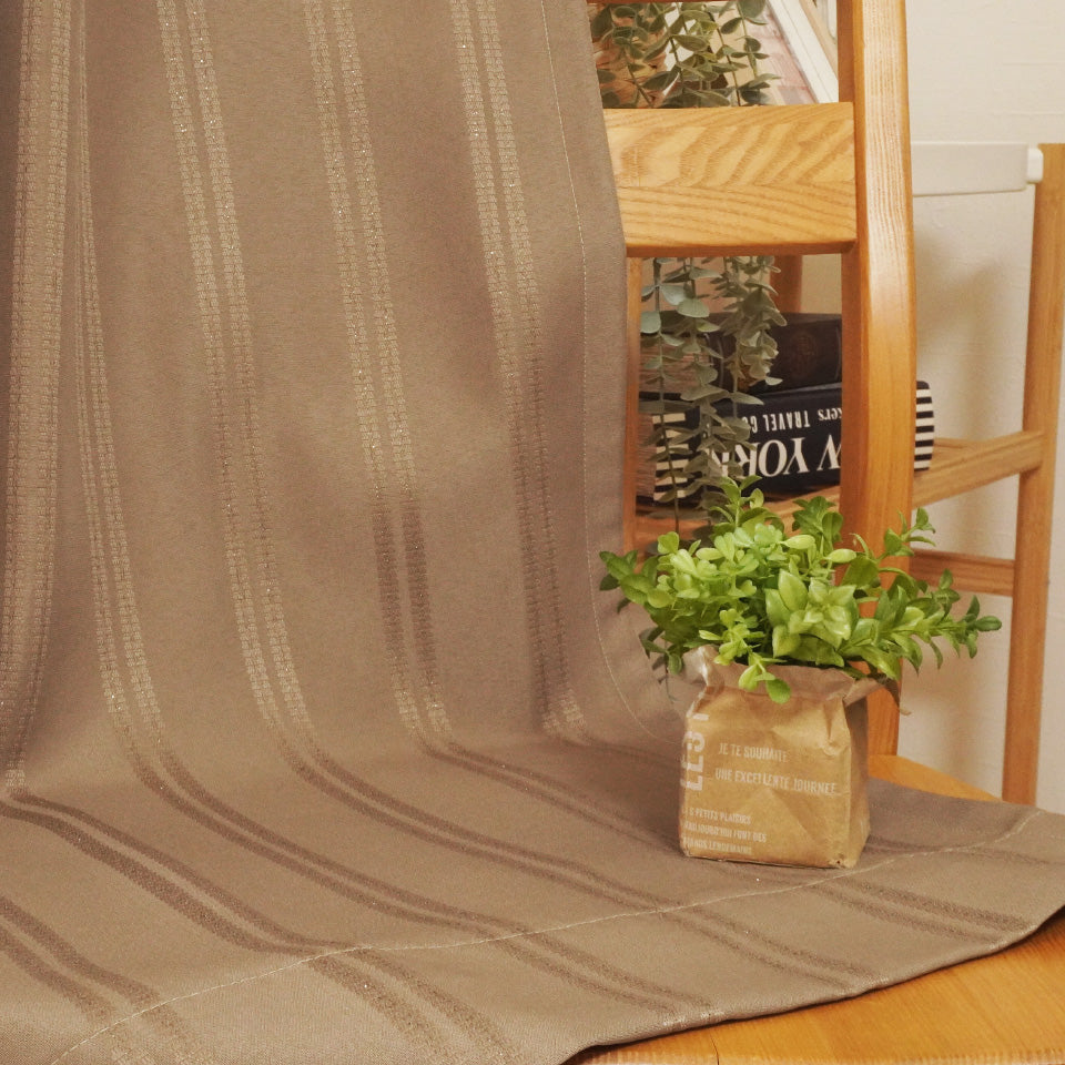 ラメ入りストライプ模様モダンカーテン ブラウン 