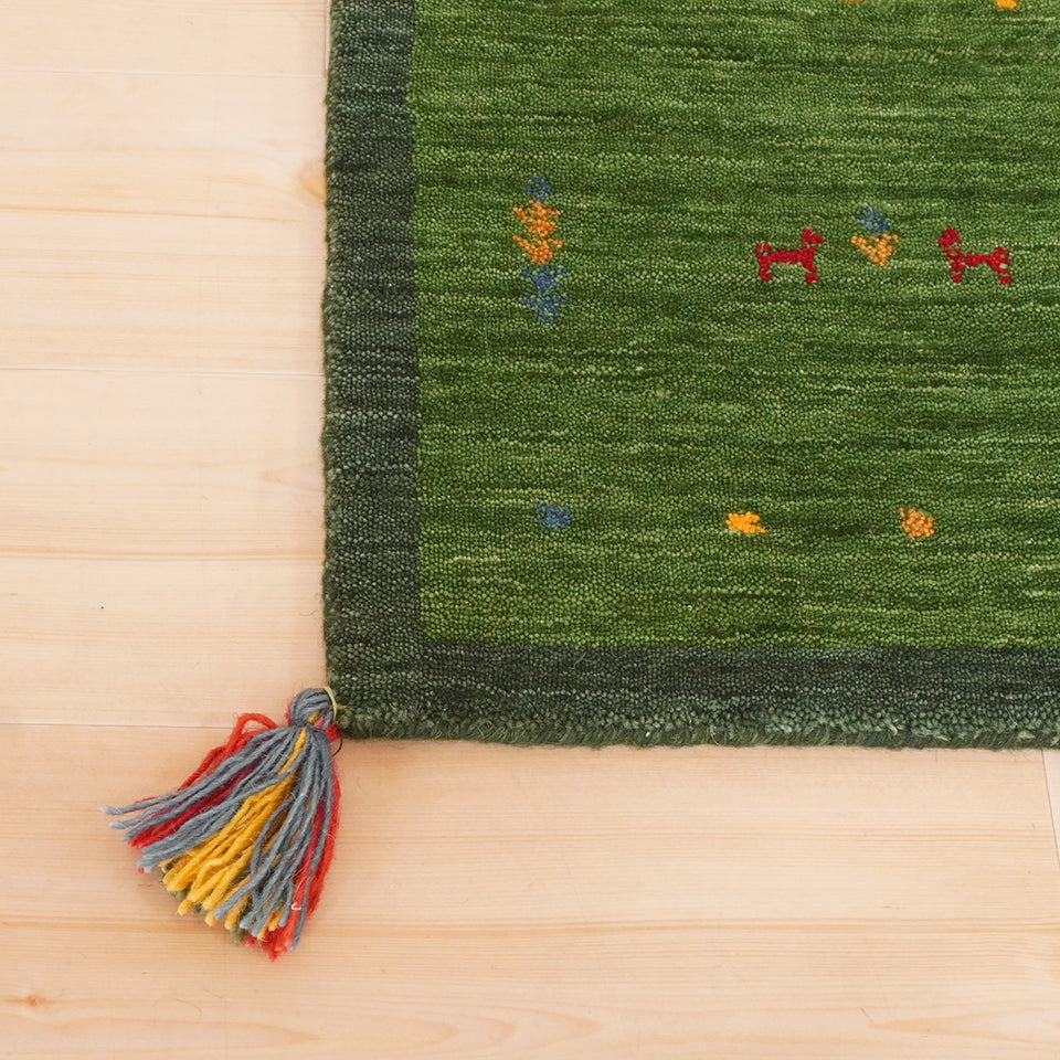 天然素材で温かみを感じるインド製手織りギャッベ｜インドギャッベGB-002  座布団サイズ　フリンジ部分