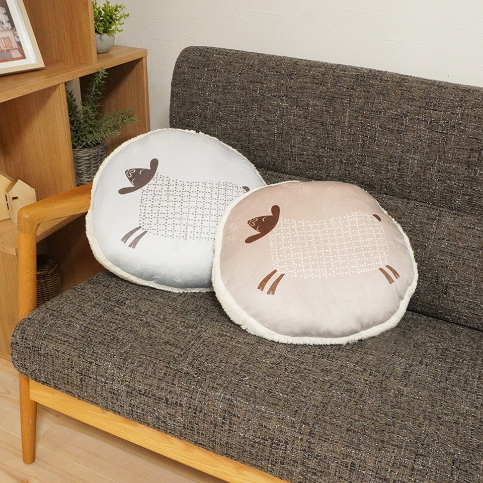 あったかもっちり 癒されるラウンド型ひつじモチーフ｜RNレポ ラウンドクッション｜ブラウン・グレー