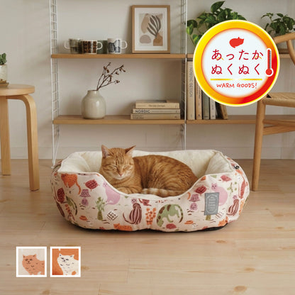 2サイズ あったかふわふわ素材のネコ柄ペットベッド ベージュ