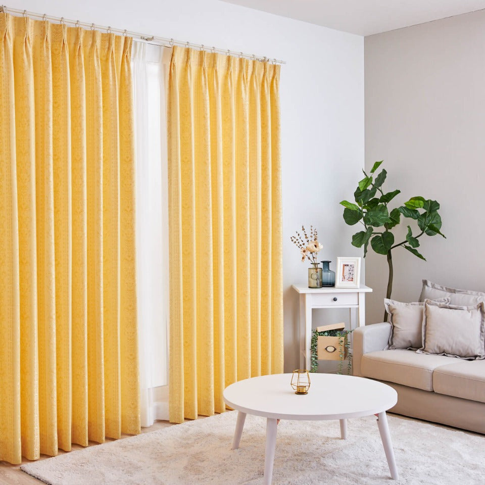 イエロープリーツカーテン オーダー｜防炎 やわらかでやさしい光沢感のエレガンスカーテン｜ラッセル