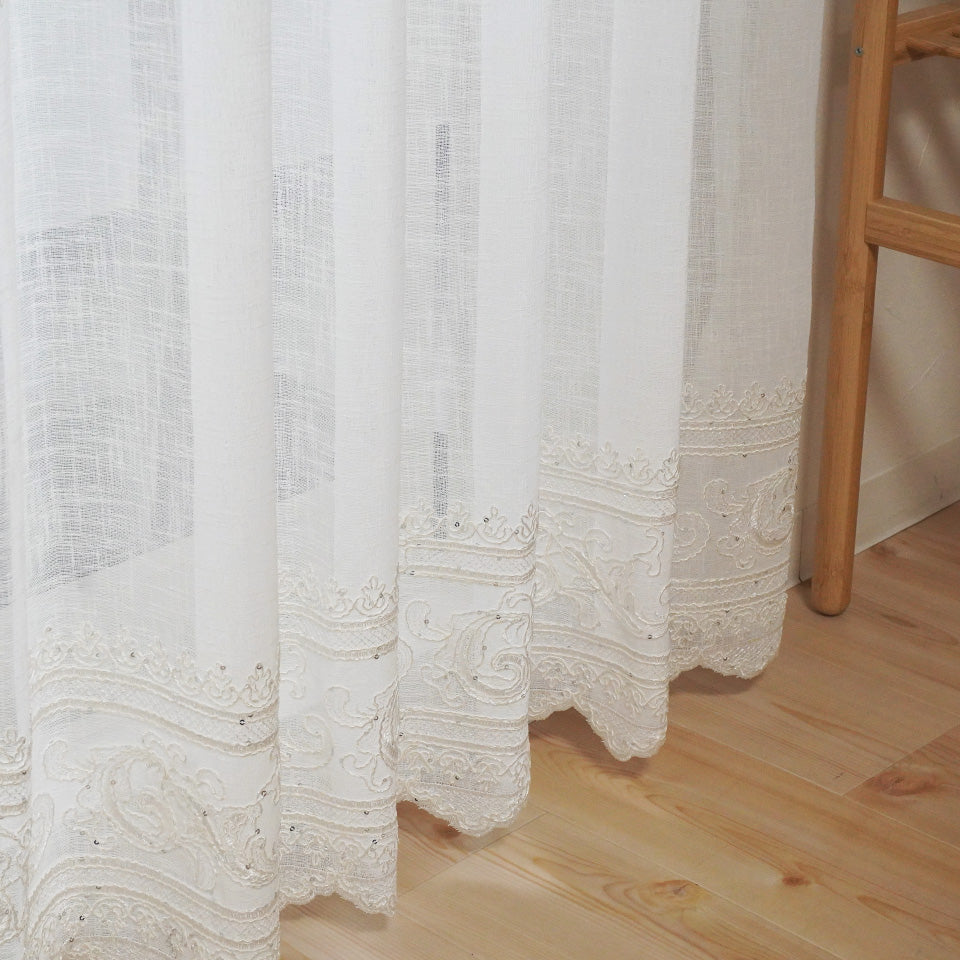 オーダー|小花とつる模様の裾スカラップ刺繍レースカーテン｜アディラ