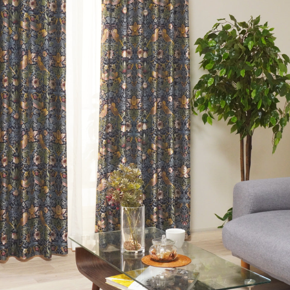 ウィリアム・モリス調 鳥と自然モチーフジャガードカーテン レッド クラシックスタイル