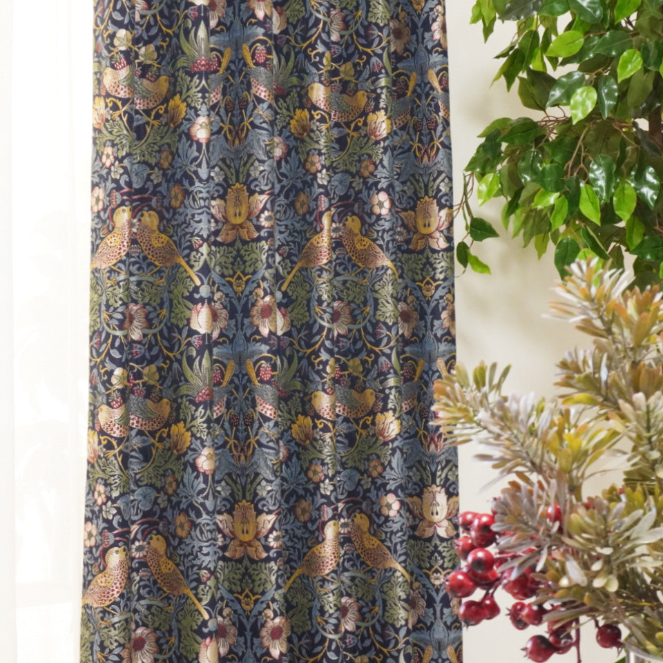 ウィリアム・モリス調 鳥と自然モチーフジャガードカーテン レッド ジャガード織カーテン