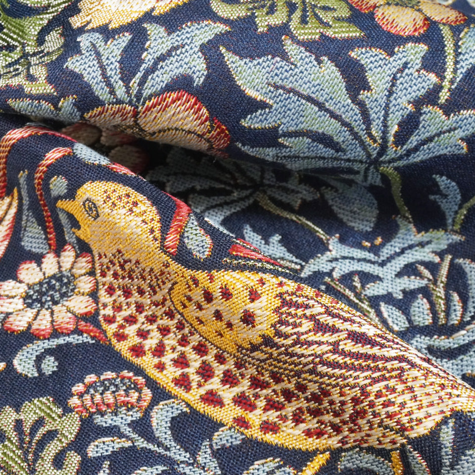 ウィリアム・モリス調 鳥と自然モチーフジャガードカーテン レッド 重厚感ある生地感