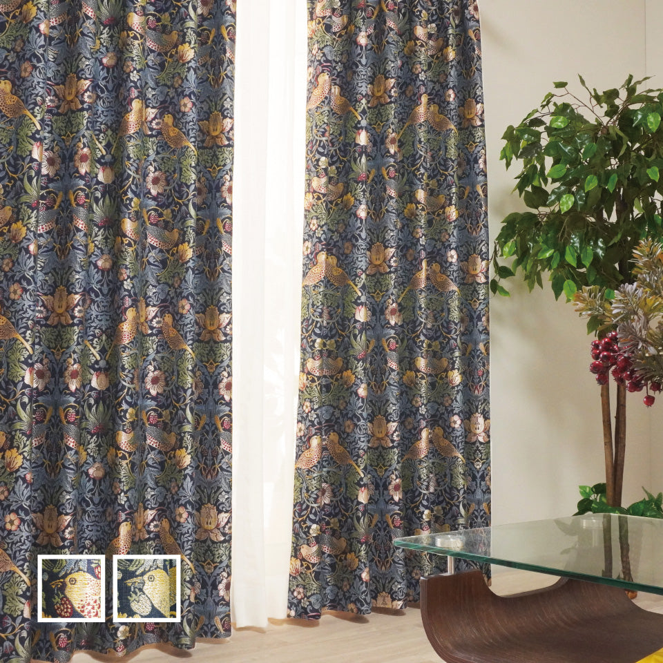 ウィリアム・モリス調 鳥と自然モチーフ クラシカルジャガードカーテン レッド クラシカルカーテン