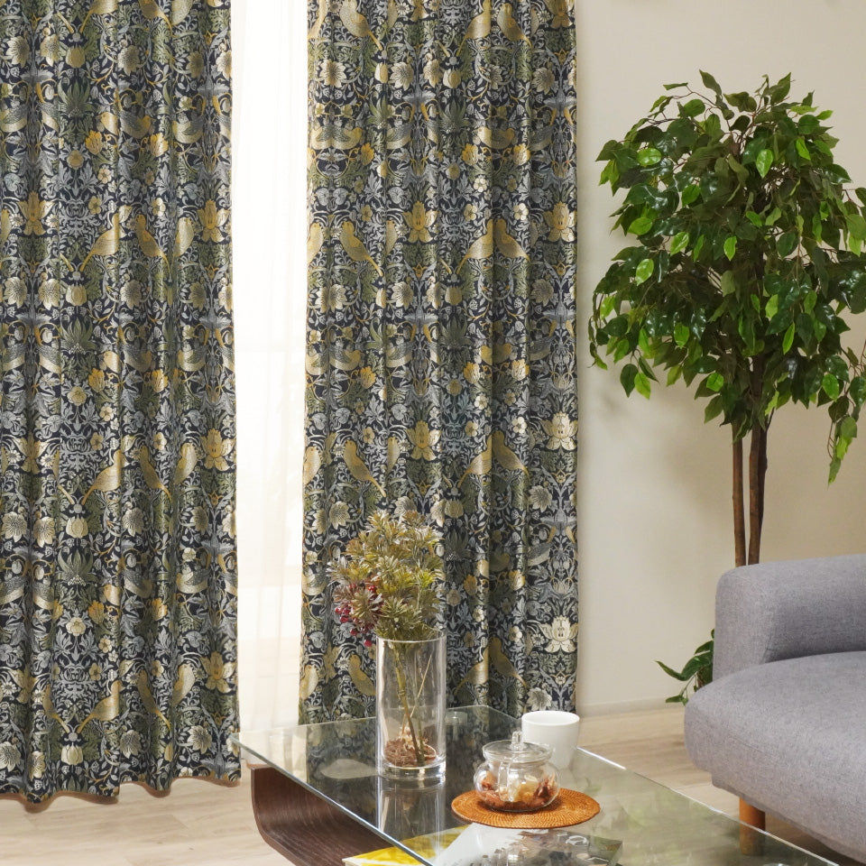 ウィリアム・モリス調 鳥と自然モチーフジャガードカーテン イエロー クラシカルデザイン