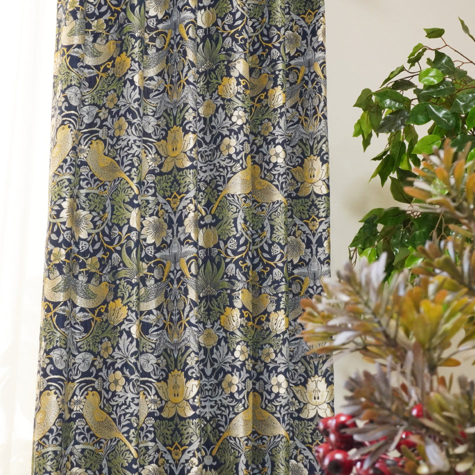 ウィリアム・モリス調 鳥と自然モチーフジャガードカーテン イエロー 小鳥と草木のデザインカーテン
