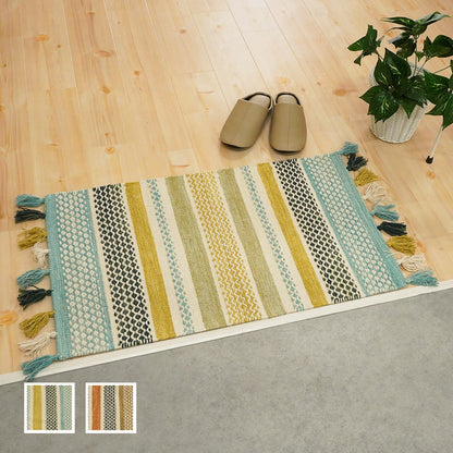 インド綿100％ 洗濯機OK エスニック柄|クラフT588-1B 玄関マット（グリーン）玄関口