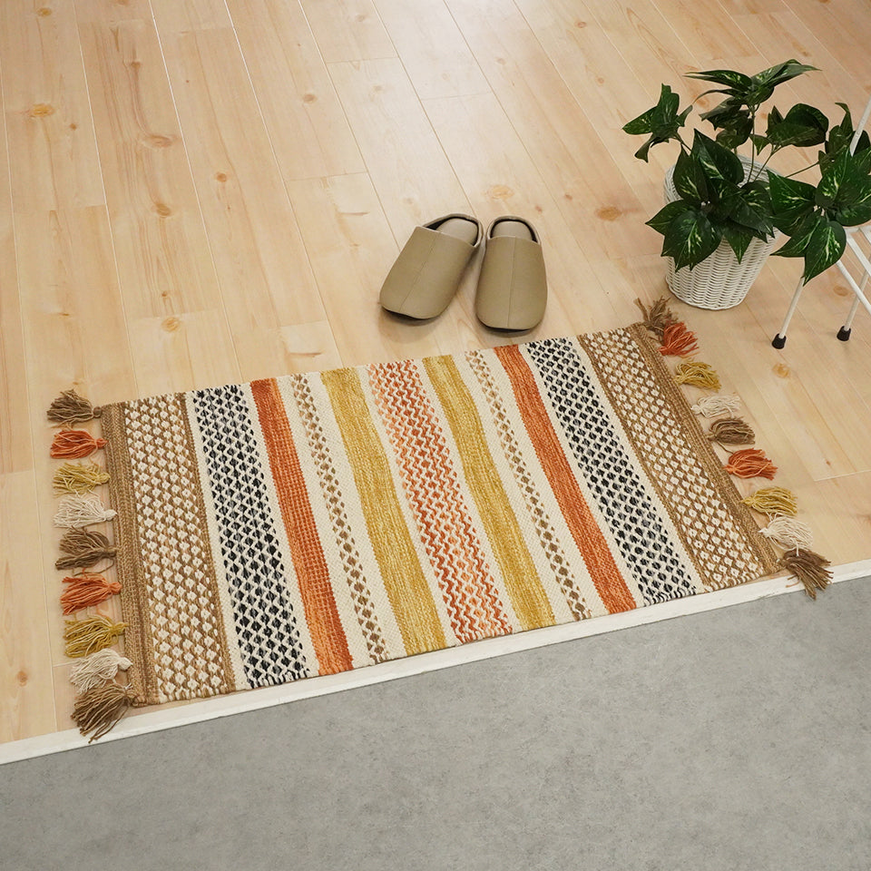 インド綿100％ 洗濯機OK エスニック柄|クラフT588-1B 玄関マット（オレンジ）玄関口