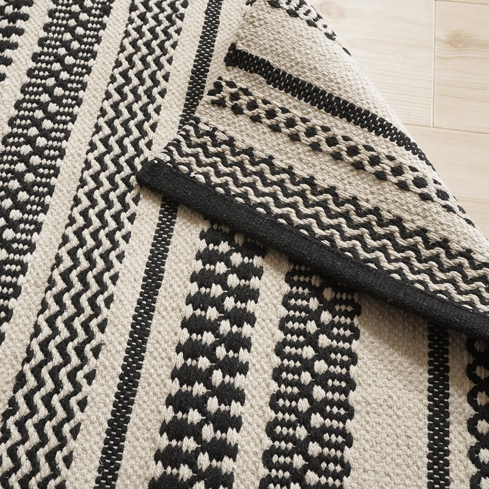 綿混ざっくり素材 手洗いOKのエスニックデザイン|クラフT073C　玄関マット(ブラック）裏面