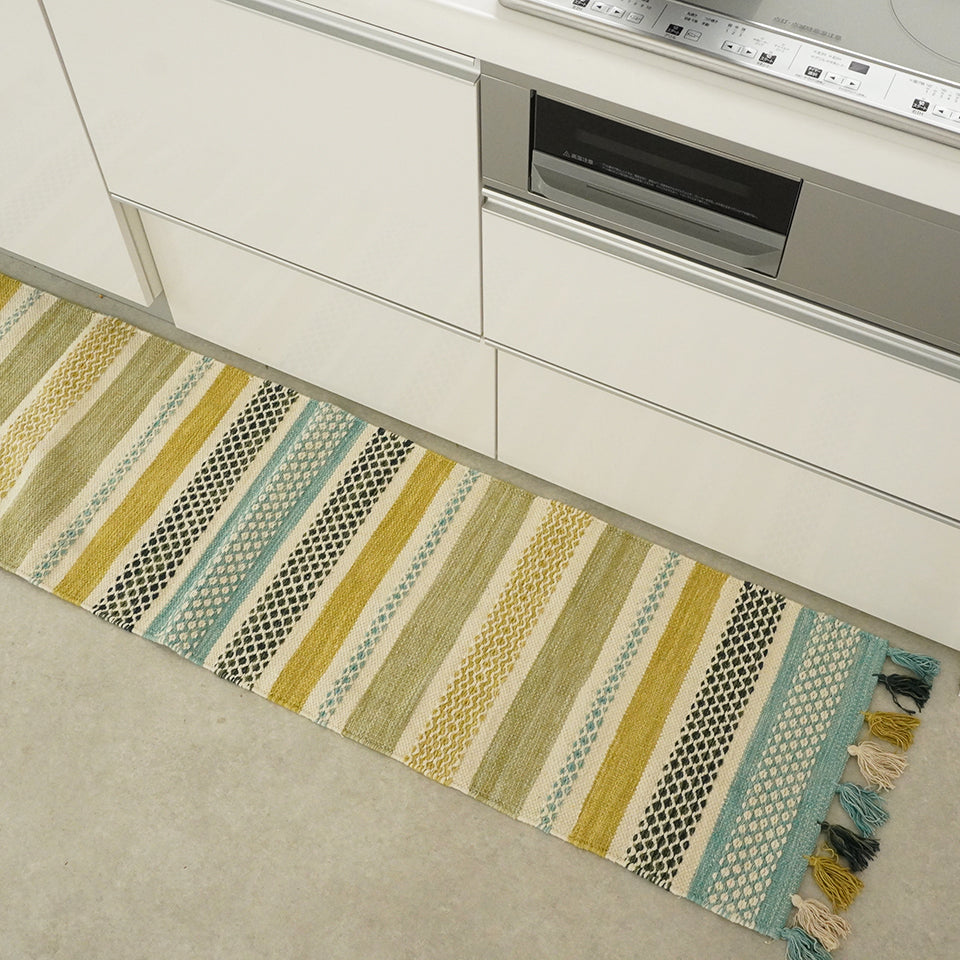 インド綿100％ 洗濯機OK エスニック柄|クラフT588-1B キッチンマット（グリーン）使用例