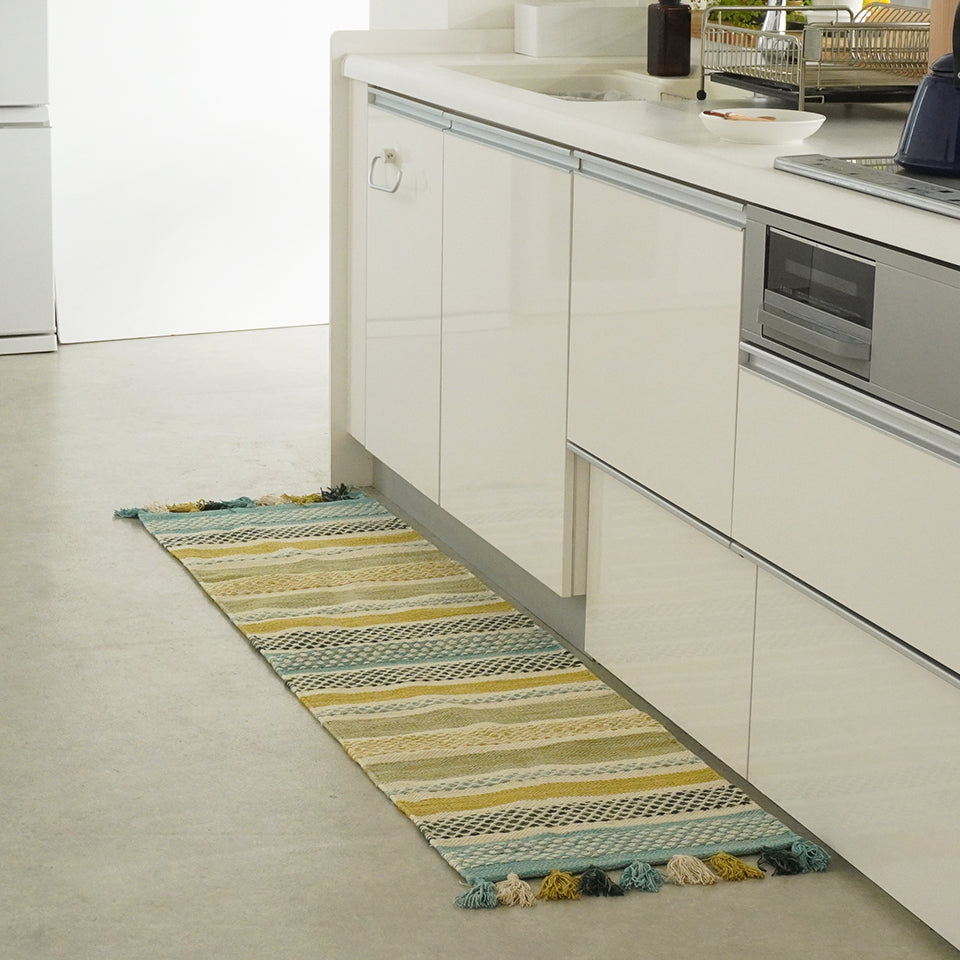 インド綿100％ 洗濯機OK エスニック柄|クラフT588-1B キッチンマット（グリーン）全体