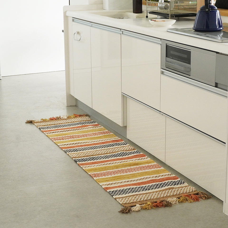 インド綿100％ 洗濯機OK エスニック柄|クラフT588-1B キッチンマット（オレンジ）全体