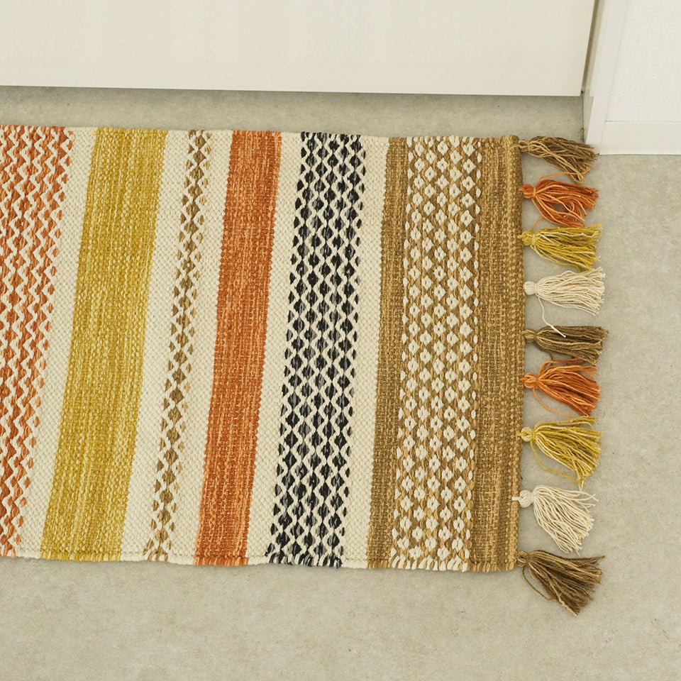 インド綿100％ 洗濯機OK エスニック柄|クラフT588-1B キッチンマット（オレンジ）エスニック柄アップ