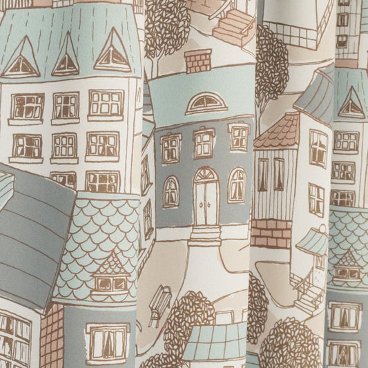 遮光1級 くすみカラーの街並みデザイン ペンタッチ風プリントカーテン