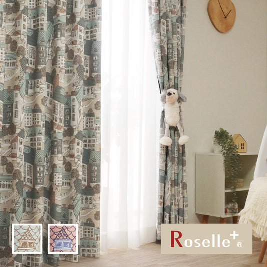 遮光1級 くすみカラーの街並みデザイン くすみブルーやブラウンの馴染みやすい北欧テイスト