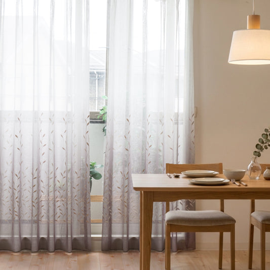 裾から広がるグラデーションのリーフ刺繍レースカーテン グレーグラデーション