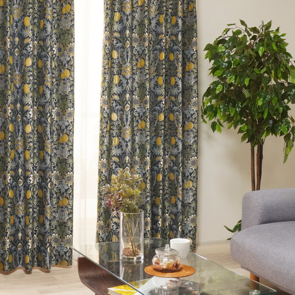 ウィリアム・モリス調 レモン・植物モチーフカーテン 重厚感あるデザイン