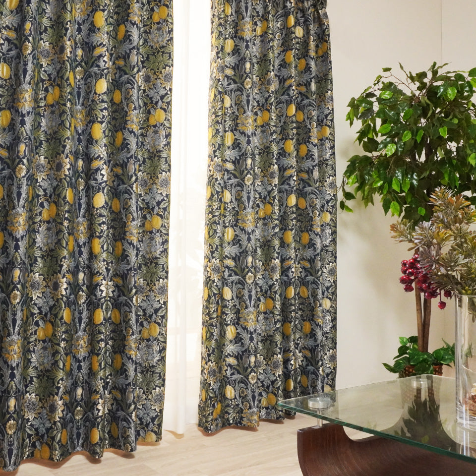 ウィリアム・モリス調 レモン・植物モチーフカーテン クラシックインテリア