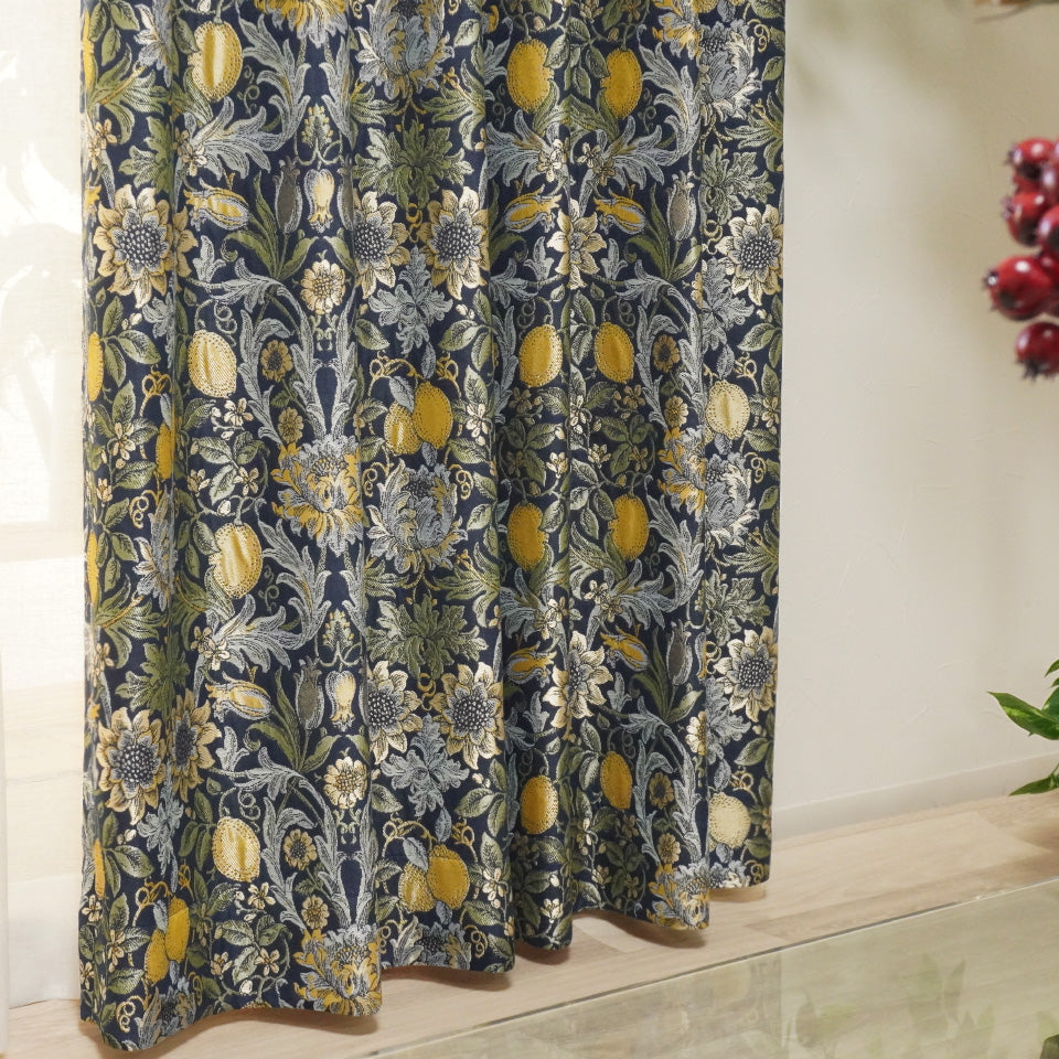 ウィリアム・モリス調 レモン・植物モチーフカーテン 形状安定加工で綺麗なドレープ