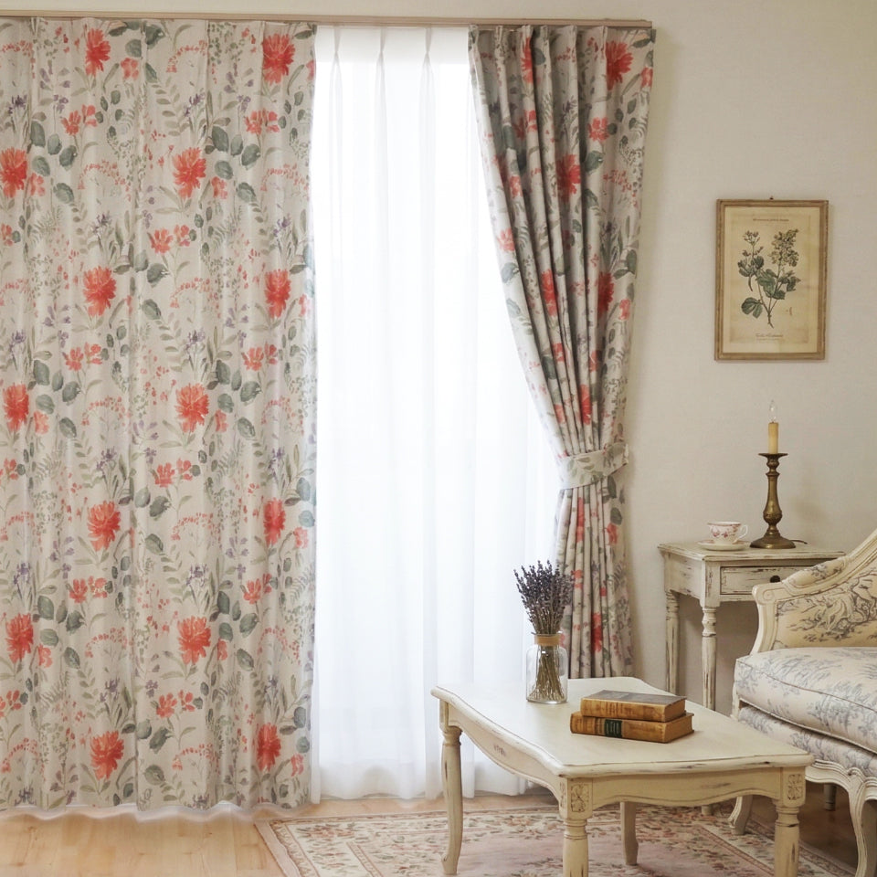 やさしい水彩タッチの草花柄ボタニカルカーテン オレンジ フレンチカントリーインテリア
