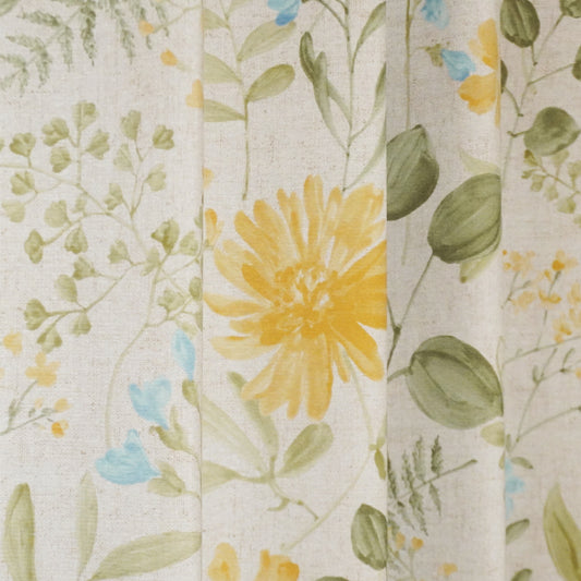 やさしい水彩タッチの草花柄ボタニカルカーテン イエロー プリントカーテン