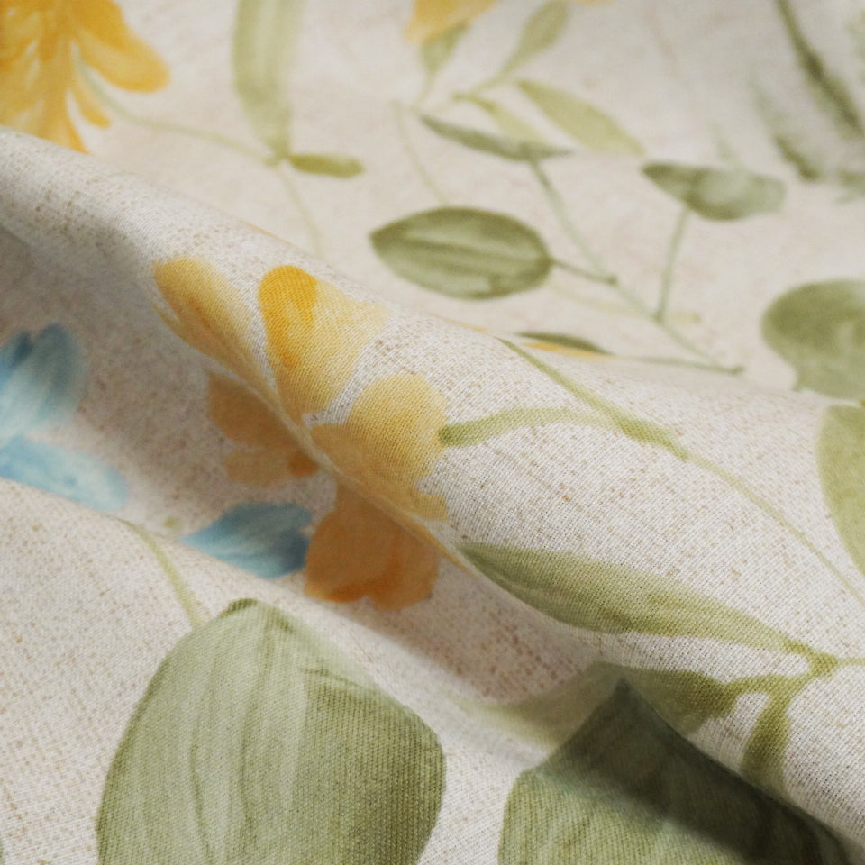 やさしい水彩タッチの草花柄ボタニカルカーテン イエロー 