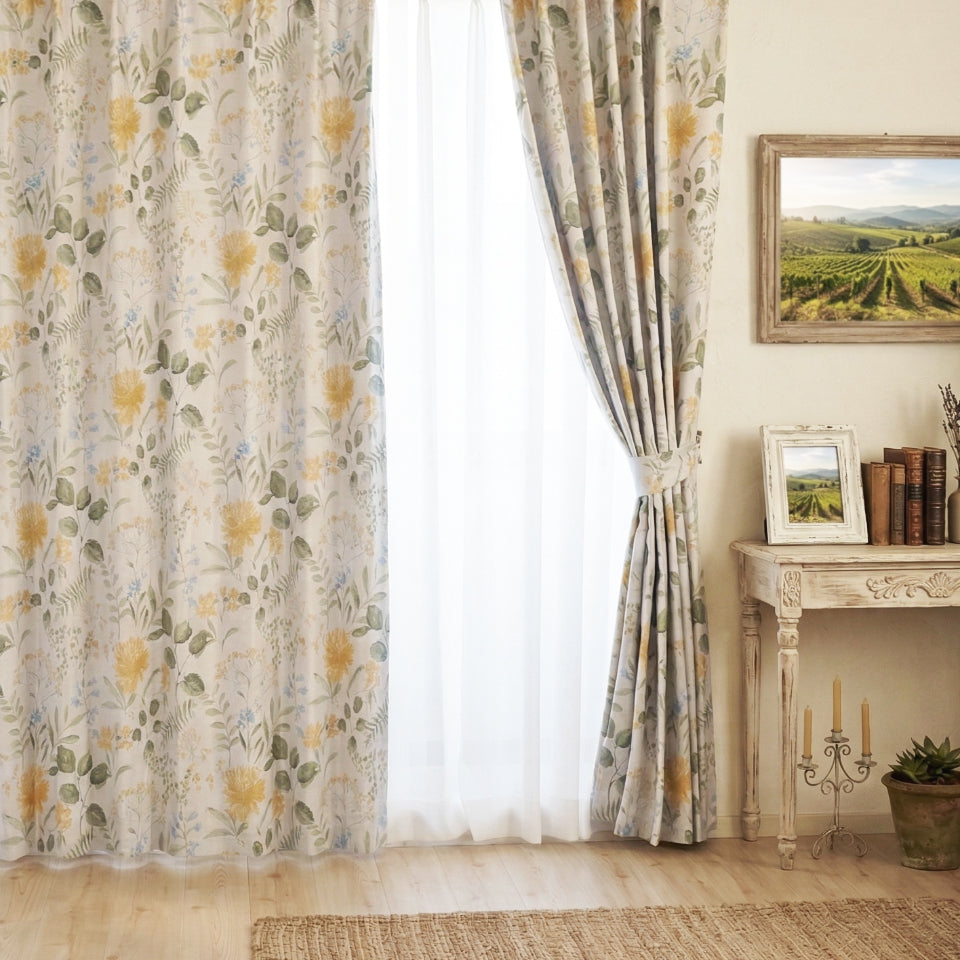 やさしい水彩タッチの草花柄ボタニカルカーテン イエロー フレンチカントリーインテリア