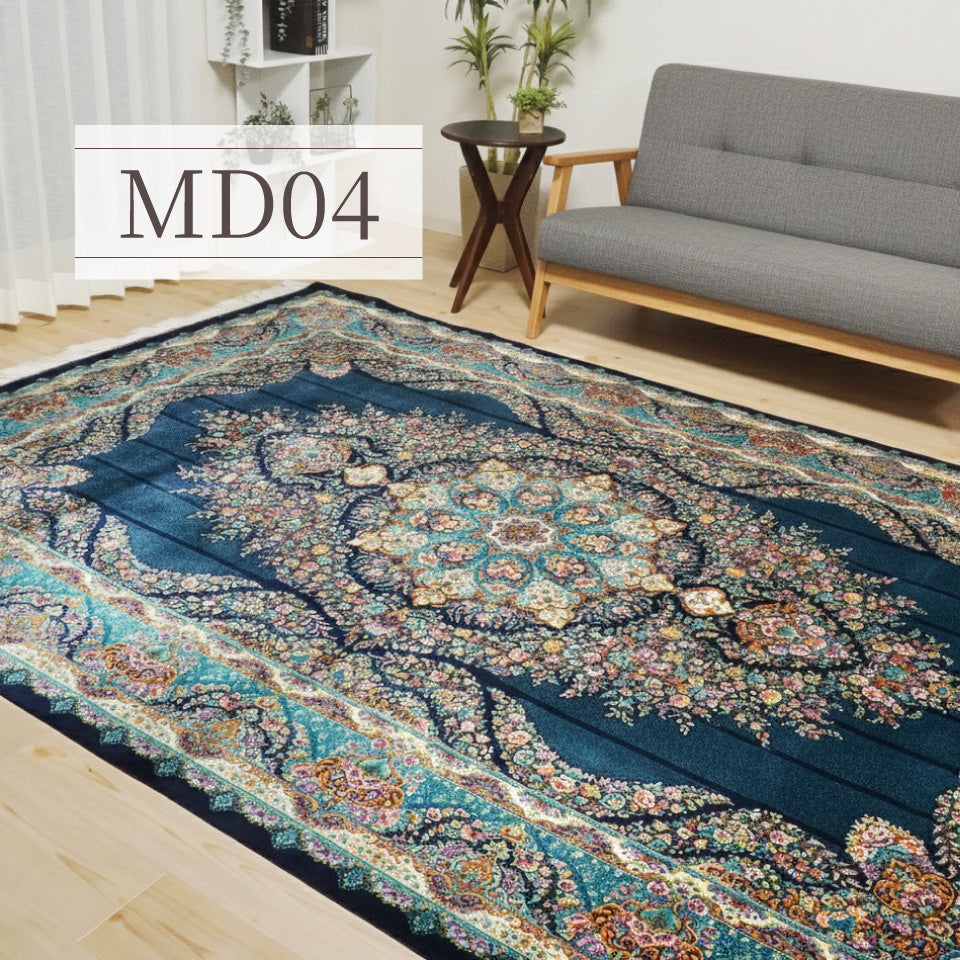 モダールレーヨンラグ 最高級密度450万ポイント（450万ノット）ブルーのクラシカルな柄のペルシャ絨毯