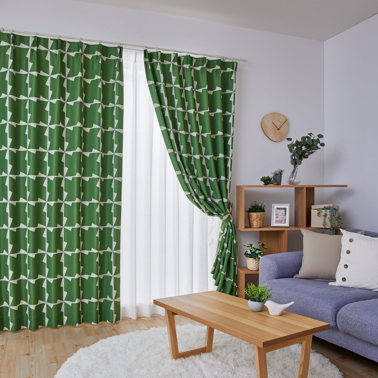 グリーン基調の幾何学的北欧カーテン 北欧ナチュラル