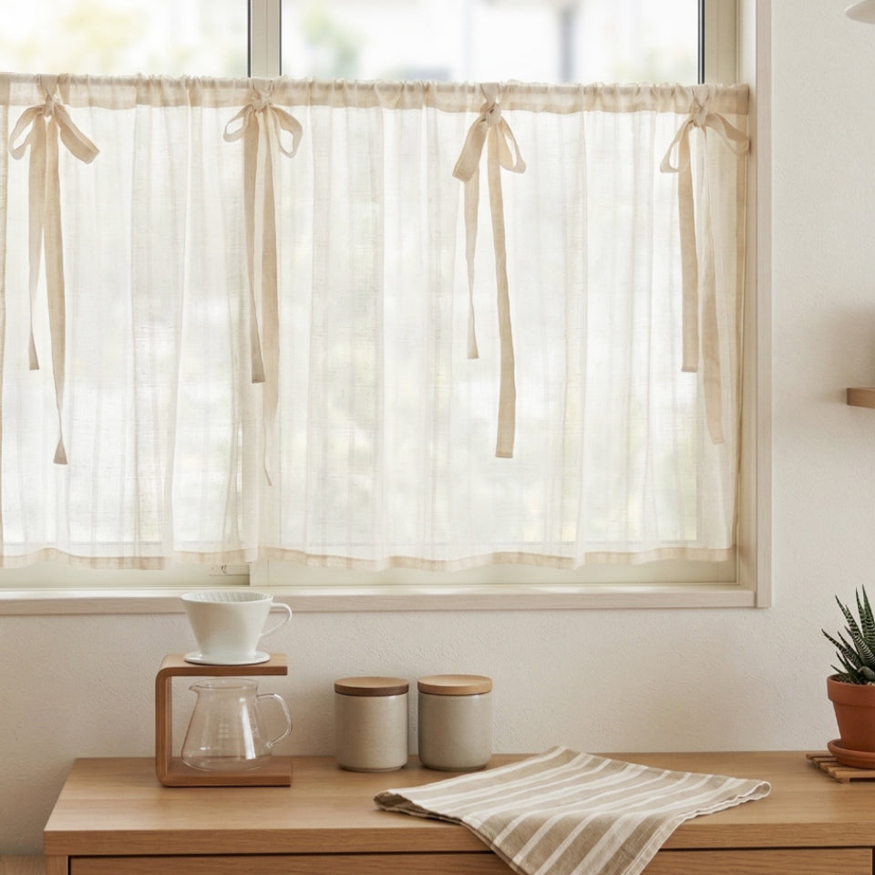綿100％ おしゃれなリボンアップ小窓用 小窓や腰窓の目隠し