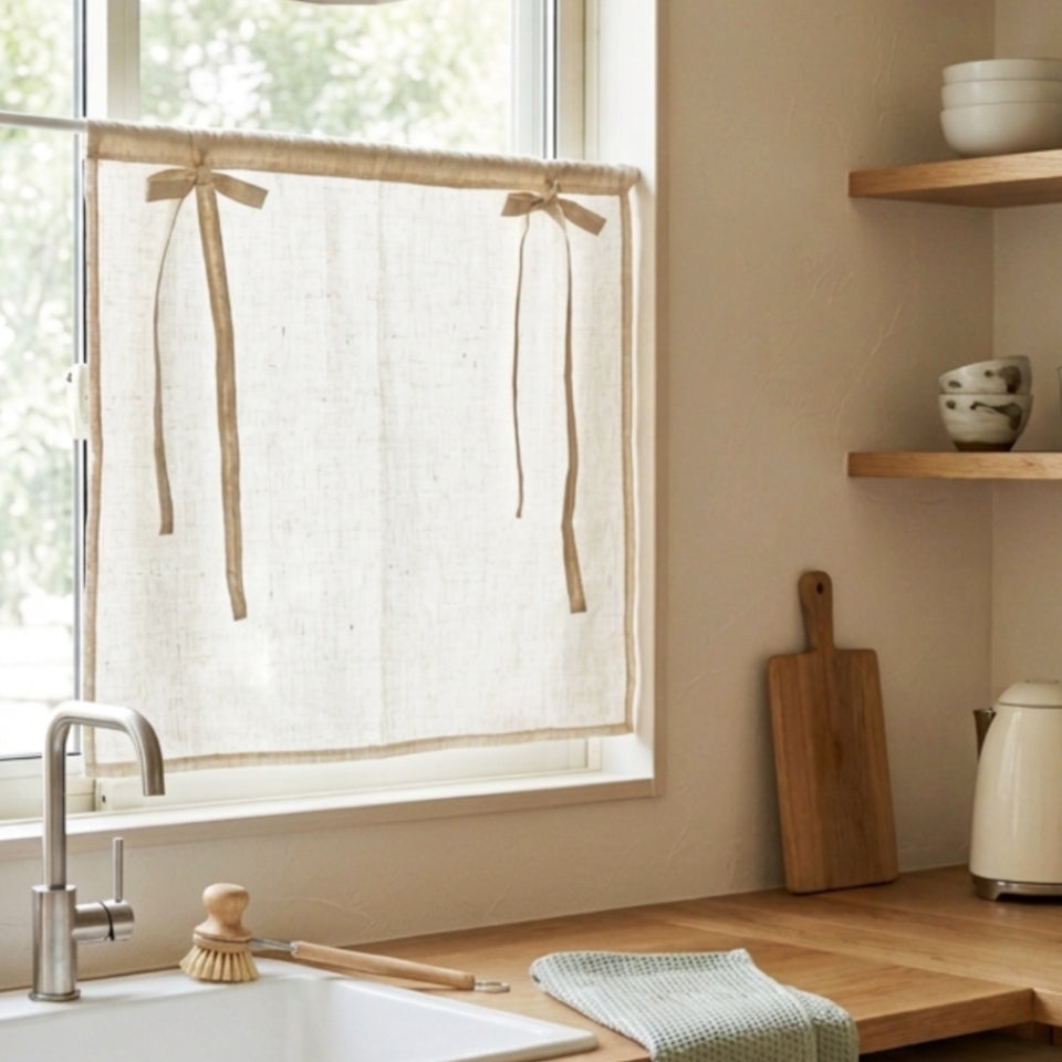 麻混素材 おしゃれなリボンアップ小窓用カフェカーテン スリムサイズ リボン