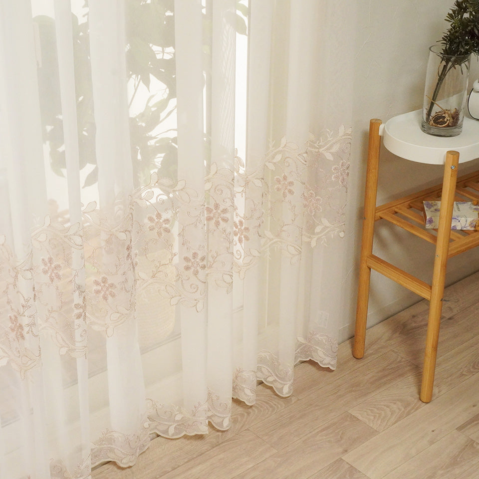 オーダー｜ピンク刺繍の花柄裾スカラップレースカーテン トルコ刺繍