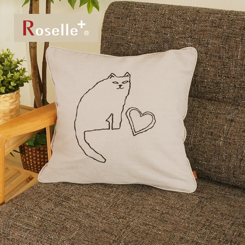 綿100％ 年中使える北欧ナチュラル モノトーンネコ柄｜刺繍クッションカバー　ネコ-1